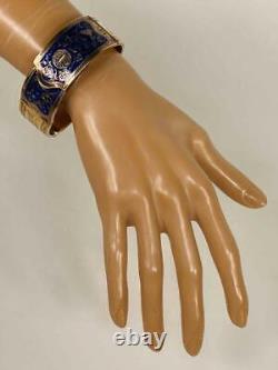 Antique 19thC Imperial Russian 14K Gold Cobalt Enameled Etched Bangle Bracelet