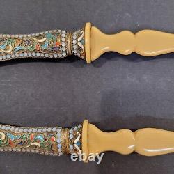 Antique 9 Bone Spoon and Fork Imperial Russian Cloisonné Enamel 84 Silver Gilt