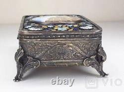 Antique Imperial Jewelry Box Silver 84 Enamel Gilding Porcelain Art Rare 19th