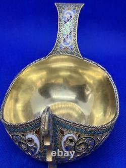 Antique Imperial Russian 84 Gild cloisonné Enamel Silver Kovsh Ovchinnikov spoon