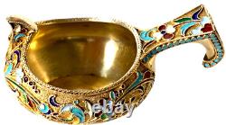 Antique Imperial Russian 84 Silver Enamel Gold Washed Kovsh by M. Semenova
