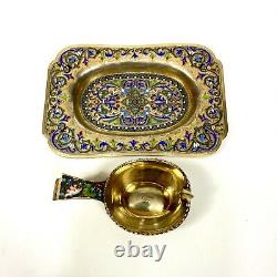 Antique Imperial Russian 84 Silver Enamel Tray and Kovsh