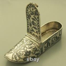 Antique Imperial Russian 84 Silver Men's Vesta Match Safe Case Niello Shoe 1851