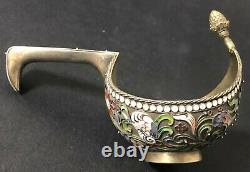 Antique Imperial Russian 84Enameled Gilded Silver Kovsh (1st Artel)