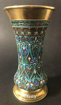 Antique Imperial Russian 88 Enameled Gilded Silver Vase (6th Artel)