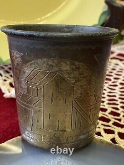 Antique Imperial Russian Brass Samovar Tea-cup Figural City Towers Engraved 19c