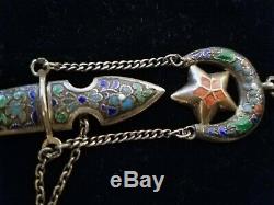 Antique Imperial Russian Cloisonne Enamel Silver Watch Fob with Dagger