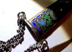 Antique Imperial Russian Cloisonne Enamel Silver Watch Fob with Dagger