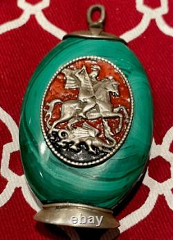 Antique Imperial Russian Enamel 84 Silver 1886 Malachite St. George Dragon Egg