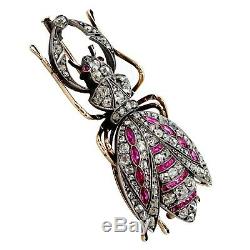 Antique Imperial Russian FABERGE Brooch 56 Gold 14K Diamond Ruby Romanov Jewels