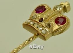 Antique Imperial Russian Faberge 14k Gold, Diamond&Rubies Romanov Crown Lapel Pin