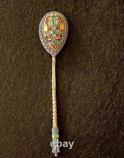 Antique Imperial Russian Gilt Silver Sterling 84 Enameled Spoon