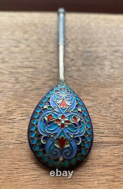 Antique Imperial Russian Gilt Sterling Silver 84 Enameled Tea, Coffee Spoon 1891