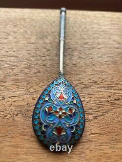 Antique Imperial Russian Gilt Sterling Silver 84 Enameled Tea, Coffee Spoon 1891