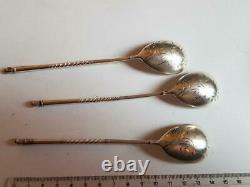 Antique Imperial Russian Gilt Sterling Silver 84 Set of 3 Tea Spoons Hand Etched