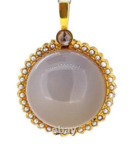 Antique Imperial Russian Gold, Pearls, Diamond, Blue Chalcedony Pendant
