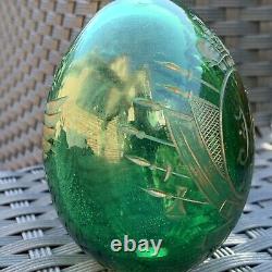 Antique Imperial Russian Nicholas l Large Green Cut Glass Easter Egg gilt Eagle