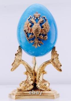 Antique Imperial Russian Ormolu Gilt Bronze Stand & Blue Hard Stone Easter Egg