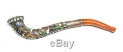 Antique Imperial Russian Silver, Enamel & Amber Tobacco Pipe