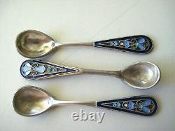 Antique Imperial Russian Silver Gilt and Enamel Set of 3 Spoons