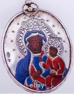 Antique Imperial Russian Silver Painted Enamel Orthodox Icon Pendant c1900's
