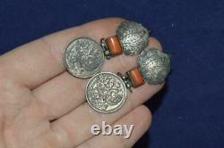 Antique Imperial Russian Sterling Silver 84 Coral Women's Jewelry Coin Earrings