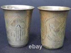 Antique Imperial Russian Sterling Silver 84 Etched Wine Cups Shot Kiddush Pair 2