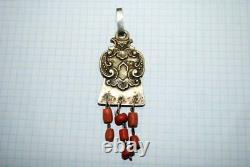 Antique Imperial Russian Sterling Silver 84 Jewelry Pendant Natural Coral Signed