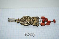Antique Imperial Russian Sterling Silver 84 Jewelry Pendant Natural Coral Signed