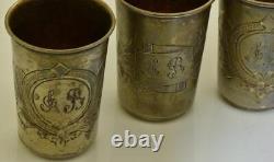 Antique Imperial Russian Vodka Cup Engraved 84 Silver Set of 6 Pieces c1880's