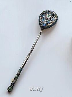 Antique Imperial Russian silver 84 cloisonne enamel spoon, lengt 13.5cm- 21.6g