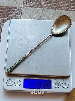 Antique Imperial Russian silver 84 cloisonne enamel spoon, lengt 13.5cm- 21.6g