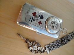 Antique LUBAVIN Imperial Russian Silver Playing Cards Cigarette Case with Watch