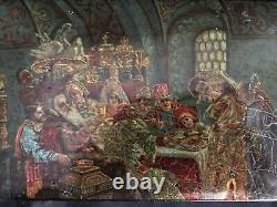 Antique RUSSIAN SIGNED EPN HAND PAINTED LAQUERED Royal Feast