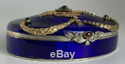 Antique Russian Faberge Silver Royal Blue Guilloche Enamel Diamonds Large Box