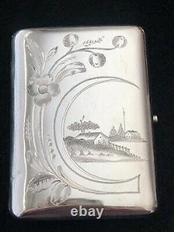 Antique Russian Imperial 84 Silver Cigarette Case with Landscape Scenery