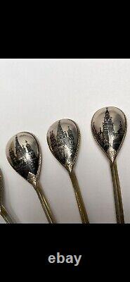 Antique Russian Imperial 84 Silver Niello Enamel Kremlin Church Spoon 11pc Set