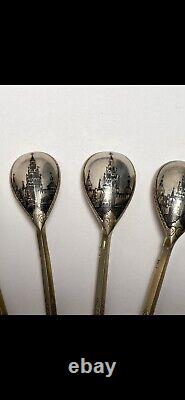 Antique Russian Imperial 84 Silver Niello Enamel Kremlin Church Spoon 11pc Set