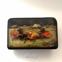 Antique Russian Imperial Lacquer Snuff Box Drunk Bear Riding Wild Horses Charrio