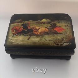 Antique Russian Imperial Lacquer Snuff Box Drunk Bear Riding Wild Horses Charrio