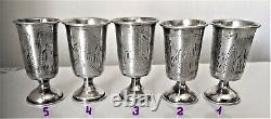 Antique Russian Imperial Silver 84 Set Of 5 Beautiful Engraved Cups Of 2 Makers