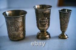 Antique Russian Imperial Vodka Kiddush Cups (3), Zakhoder Engraved 84 Silver