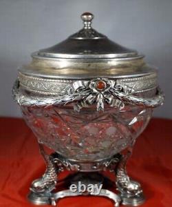 Antique Russian Royal time caviar jar by Morozov 84 marks, Silver /Crystal