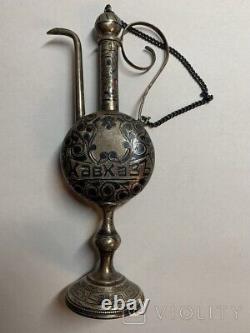 Antique Silver 84 Russian Imperial Perfume Bottle Niello kavkaz Chain Rare 19th