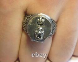 Antique Victorian Box Ring Enamel Memento Mori Crown Skull Sterling Silver 88