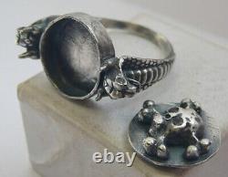 Antique Victorian Memento Mori Box Ring Skull Snake Sterling Silver 84