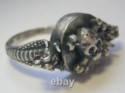 Antique Victorian Memento Mori Box Ring Skull Snake Sterling Silver 84