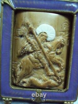Antiuqe Imperial Russian Icon Foldin Saint Nicholas & George the Victorious Bone