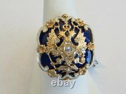 Art Nouveau 14k Rough Diamond Blue & White Enamel Russian Imperial Eagle Ring