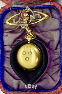 Art-Nouveau Imperial Russian 14k gold, Diamonds&Ruby brooch type watch. Boxed, 1900